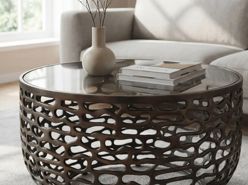 Runder Couchtisch 60 cm Schwarz aus Aluminium und Glas in Gitteroptik