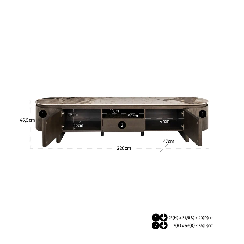 TV-Schrank Langford in Braun, Eichenfurnier & Keramikplatte, 220 cm