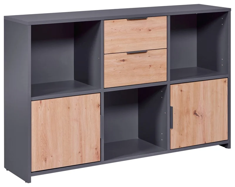 Regal Kommode PEPETO 2 Türen 2 Schubladen Optik: Grau / Artisan Eiche