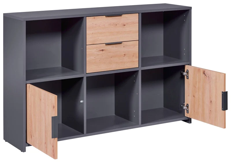 Regal Kommode PEPETO 2 Türen 2 Schubladen Optik: Grau / Artisan Eiche