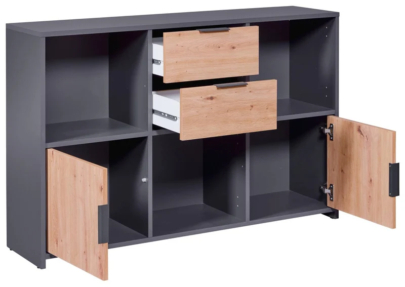 Regal Kommode PEPETO 2 Türen 2 Schubladen Optik: Grau / Artisan Eiche