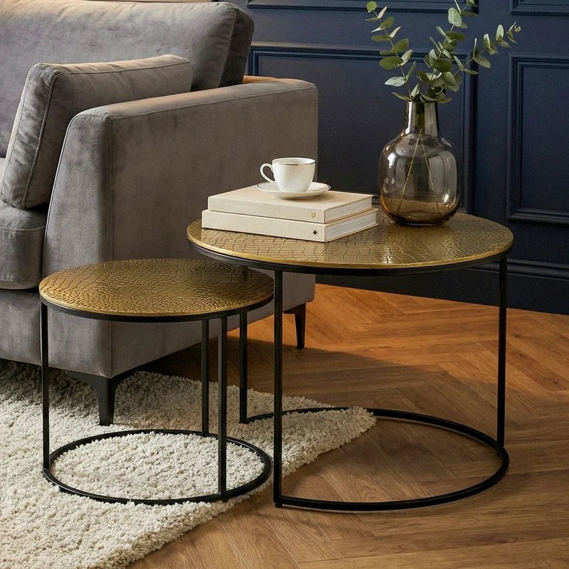 Wohnling Satztisch 2er Set rund in Gold mit Alu-Tischplatten
