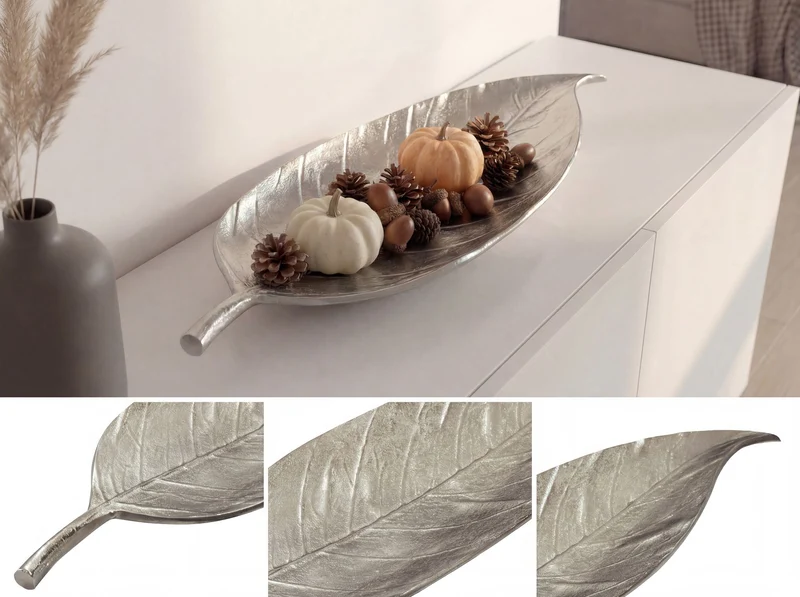 Dekoschale Blatt Wohnling aus Aluminium in Silber, 61 cm Handarbeit