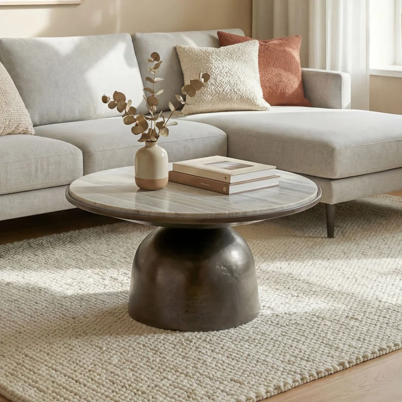 Couchtisch rund 60 cm mit Marmorplatte und Aluminiumgestell Schwarz