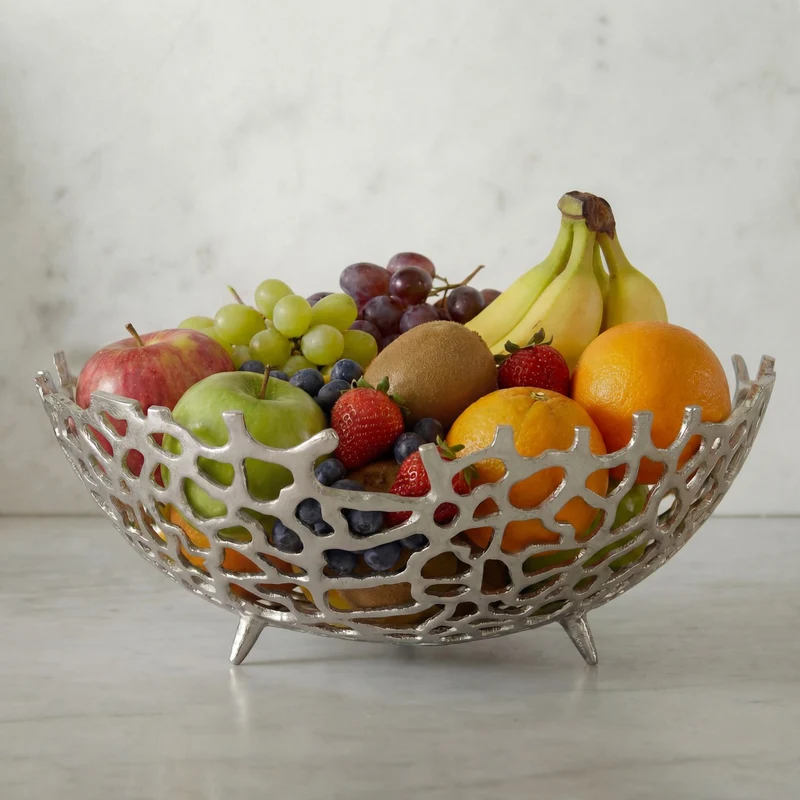 Obstschale Rund Silber 46 cm aus Aluminium mit Korallen-Optik