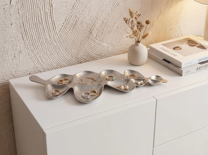 Dekoschale Blattform Silber, Handmade Aluminium-Tischdeko 60cm
