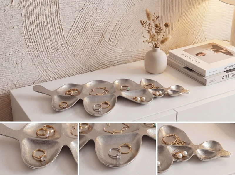 Dekoschale Blattform Silber, Handmade Aluminium-Tischdeko 60cm