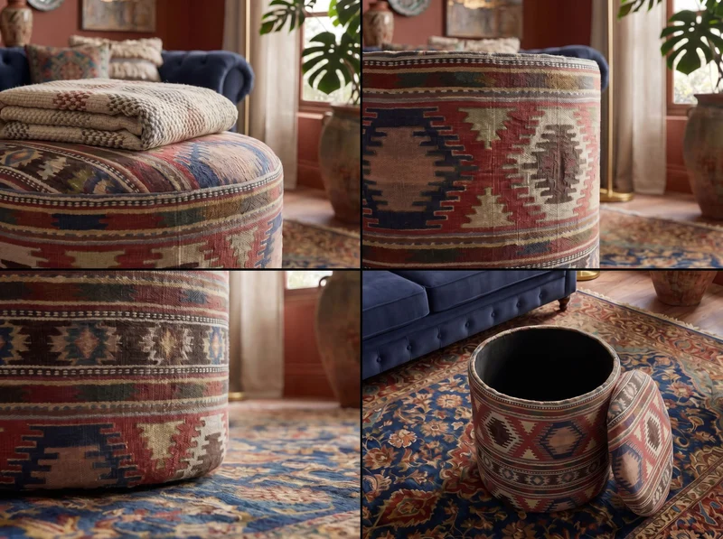 Sitzhocker Boho mit Stauraum, rund 40 cm, mehrfarbig, handgefertigt