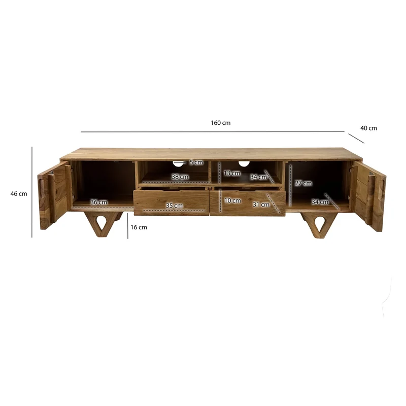 Lowboard Akazie Massivholz 160 cm TV-Board mit Türen & Schubladen