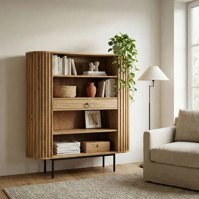 Bücherregal Akazie Massivholz mit Schublade, Lamellen-Design 105x122cm