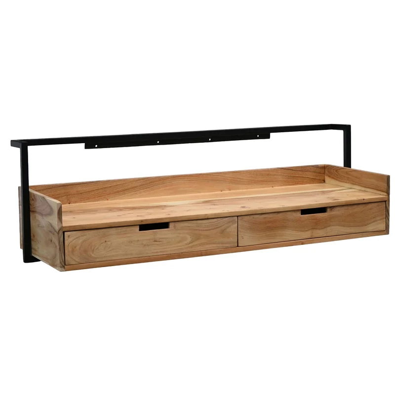 Wandschreibtisch Akazie Massivholz im Industrial-Design, 2 Schubladen