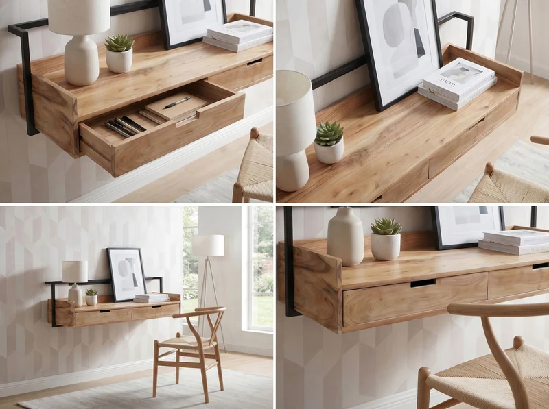 Wandschreibtisch Akazie Massivholz im Industrial-Design, 2 Schubladen
