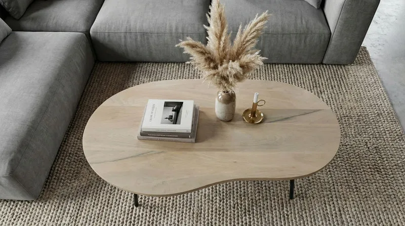 Couchtisch Nierenform Mango Massivholz White Wash mit Metallbeinen
