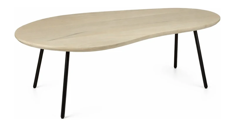 Couchtisch Nierenform Mango Massivholz White Wash mit Metallbeinen