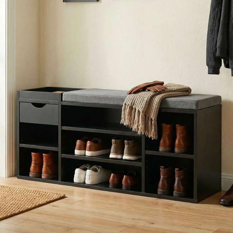 Schuhbank Flur Schwarz 100 cm mit Sitzkissen, Schublade und Regalböden