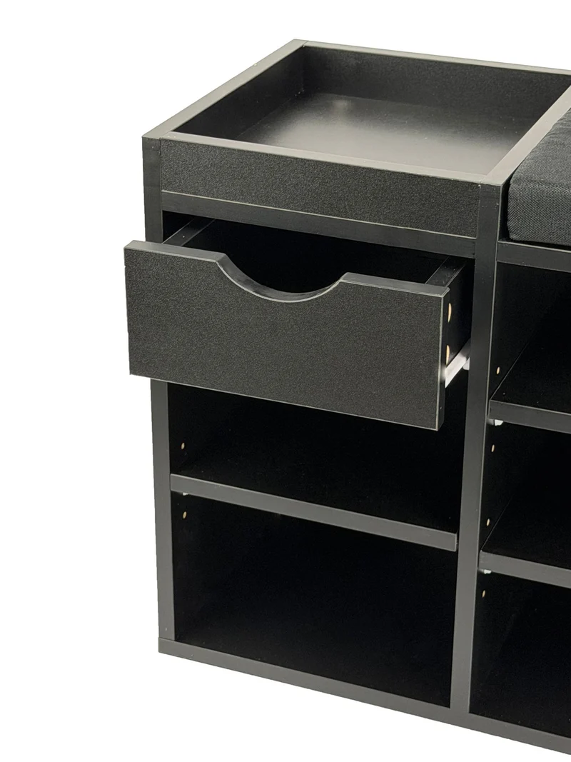 Schuhbank Flur Schwarz 100 cm mit Sitzkissen, Schublade und Regalböden