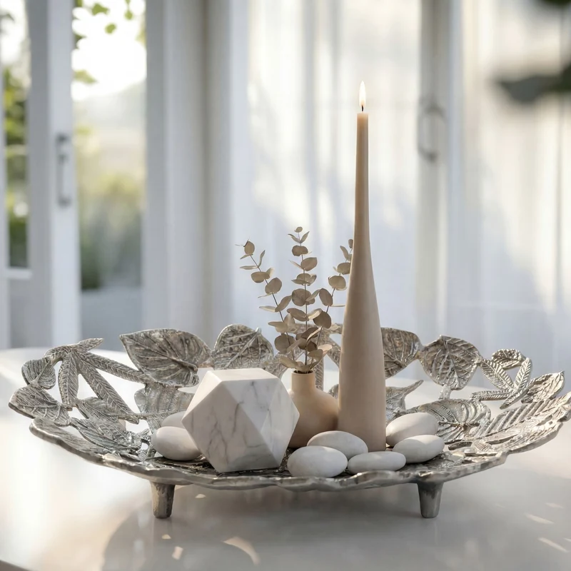 Dekoschale Oval Silber aus Aluminium mit Blätter-Optik, Wohnling