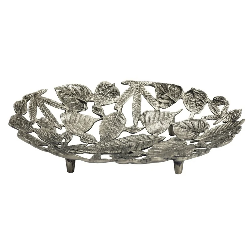 Dekoschale Oval Silber aus Aluminium mit Blätter-Optik, Wohnling