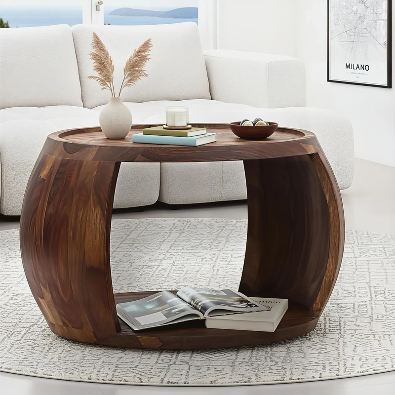 Couchtisch Sheesham Massivholz rund mit Ablagefach, Wohnling