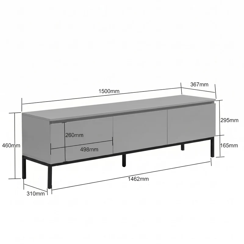 Lowboard 150cm Grau, 3 Schubladen, grifflos – Wohnling TV-Kommode