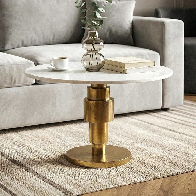 Couchtisch Gold mit weißer Marmorplatte, Ø 60 cm, Aluminiumgestell