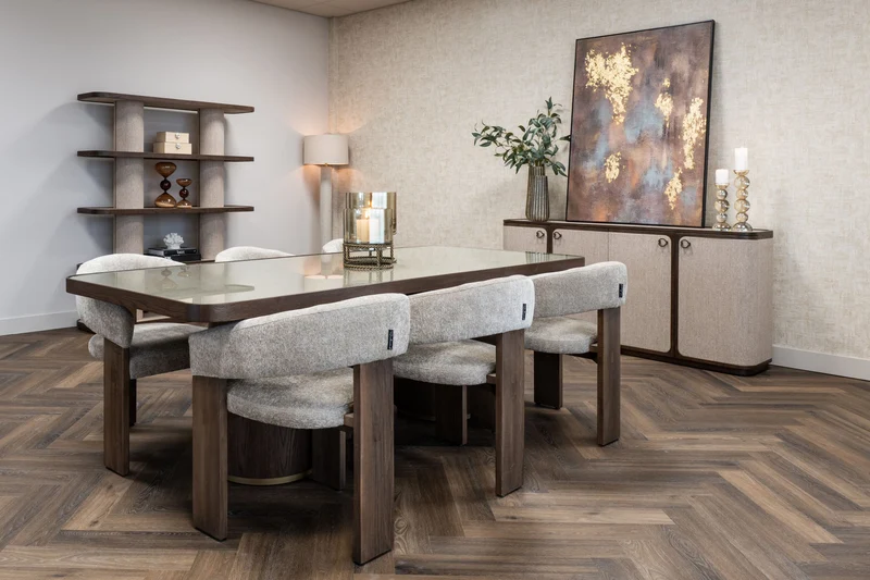 Esstisch Willox 235 cm Beige mit Glasplatte, Eiche und Metall