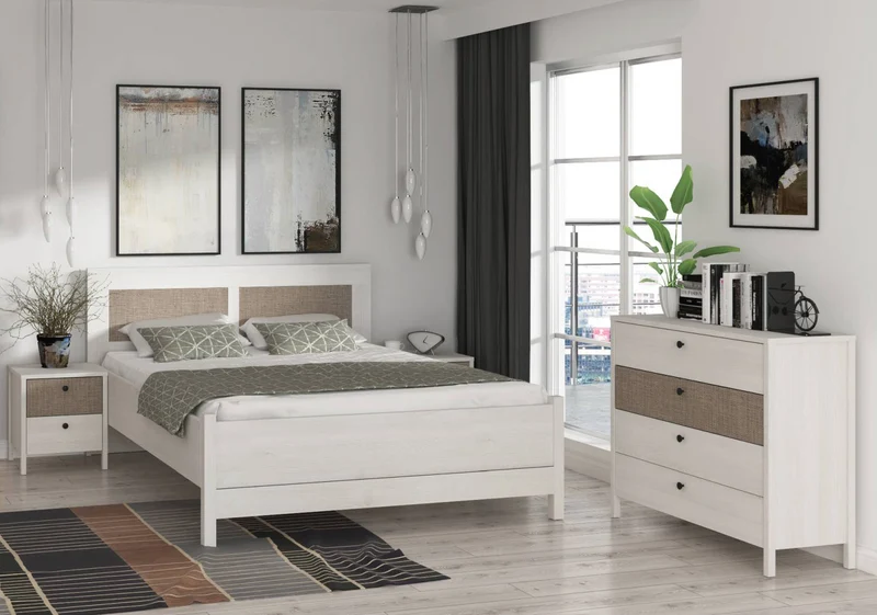 MOONDUST Schlafzimmer-Set 4-tlg. 180er Bett Schneeeiche Geflechtoptik