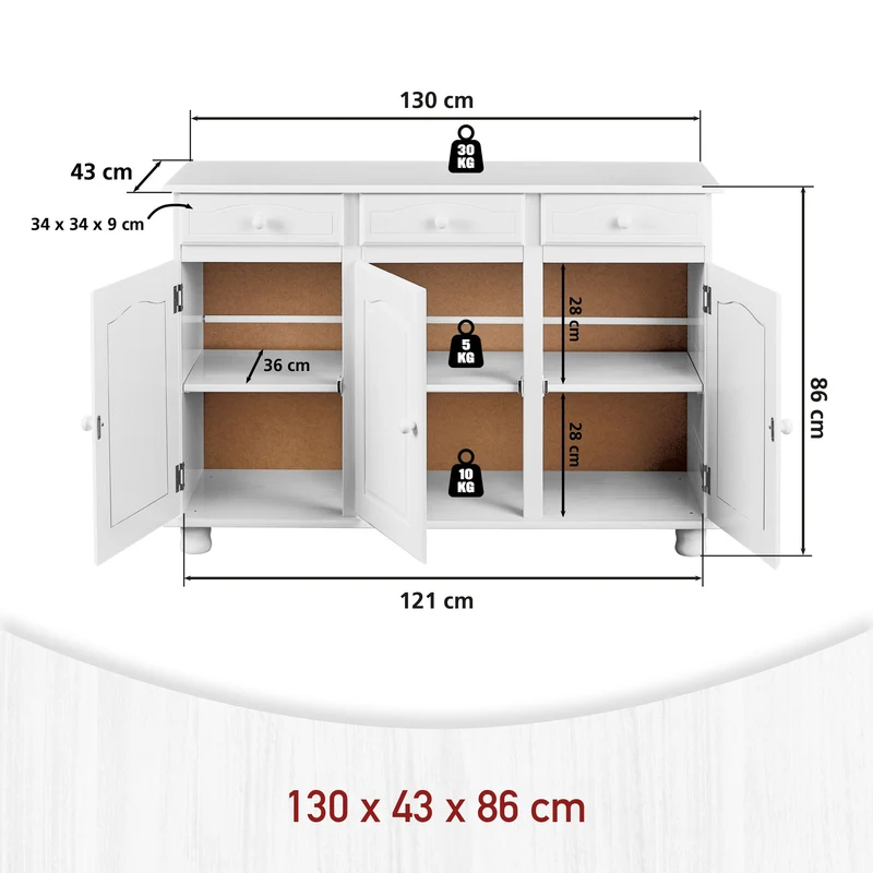 Kommode Anrichte Livio Kiefer Massivholz weiß lackiert, 130 cm