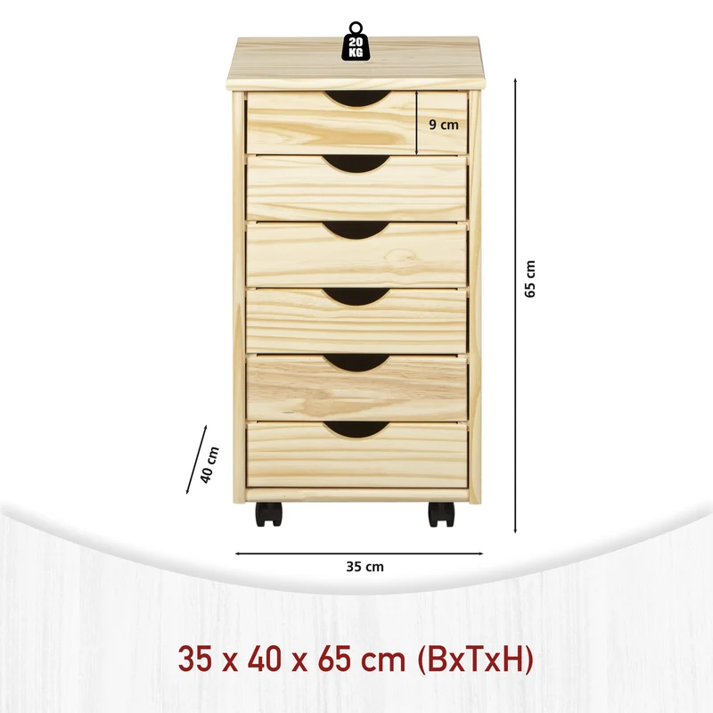 Rollcontainer NILS Kiefer Massivholz Natur mit 6 Schubladen