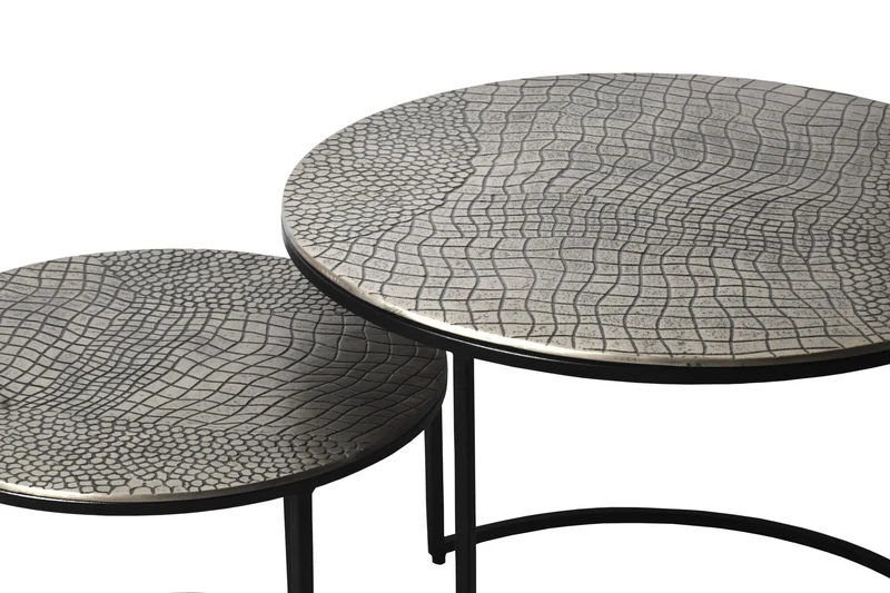 Satztisch 2er-Set rund Silber mit gemusterten Aluminium-Tischplatten