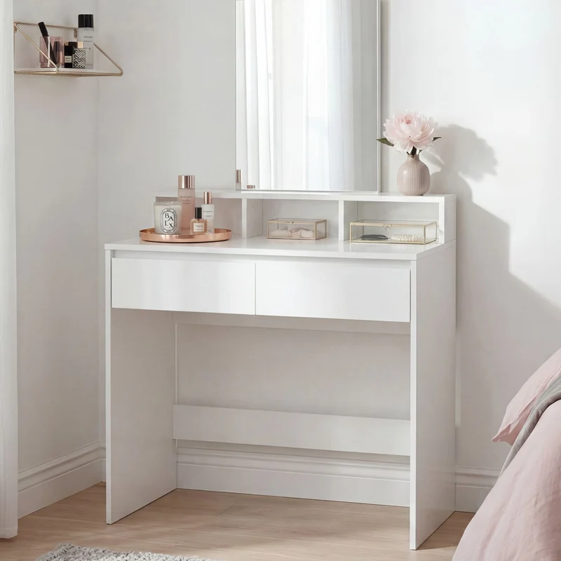 Schminktisch Weiß 80 cm mit Spiegel und Regal im Schlafzimmer-Design