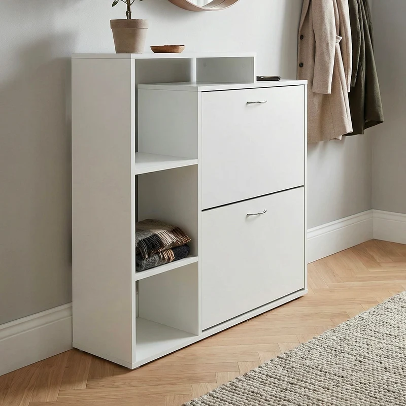 Schuhschrank Wohnling 85 cm in Weiß mit 2 Klappfächern und Ablage