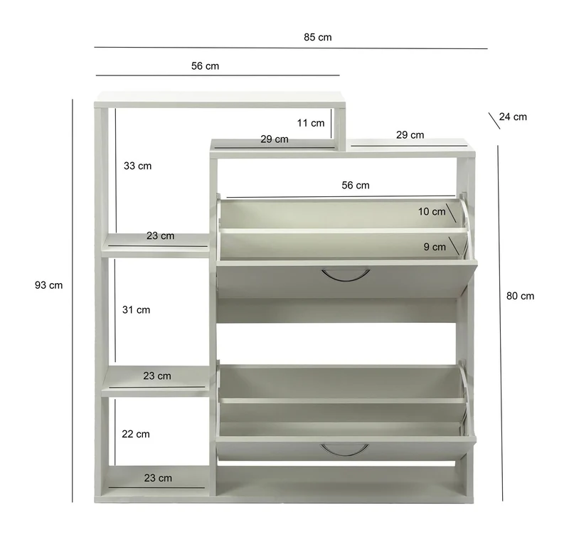 Schuhschrank Wohnling 85 cm in Weiß mit 2 Klappfächern und Ablage