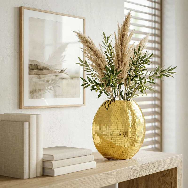 Tischvase Mosaik Gold 40 cm – Wohnling Dekovase im Disco-Design