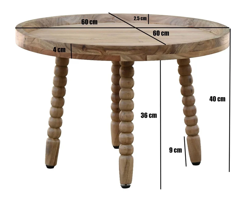 Couchtisch Akazie 60 cm Rund Massivholz mit Perlenbeinen von Wohnling