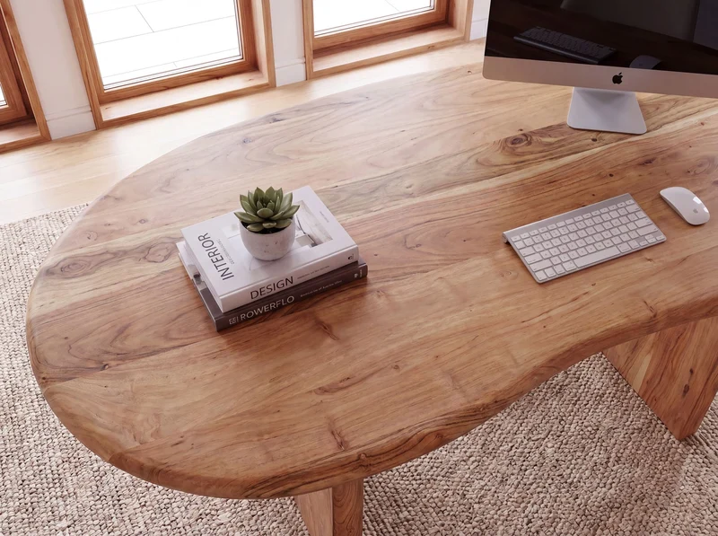 Schreibtisch Akazie Massivholz 180x90 cm Nierenform Retro Homeoffice