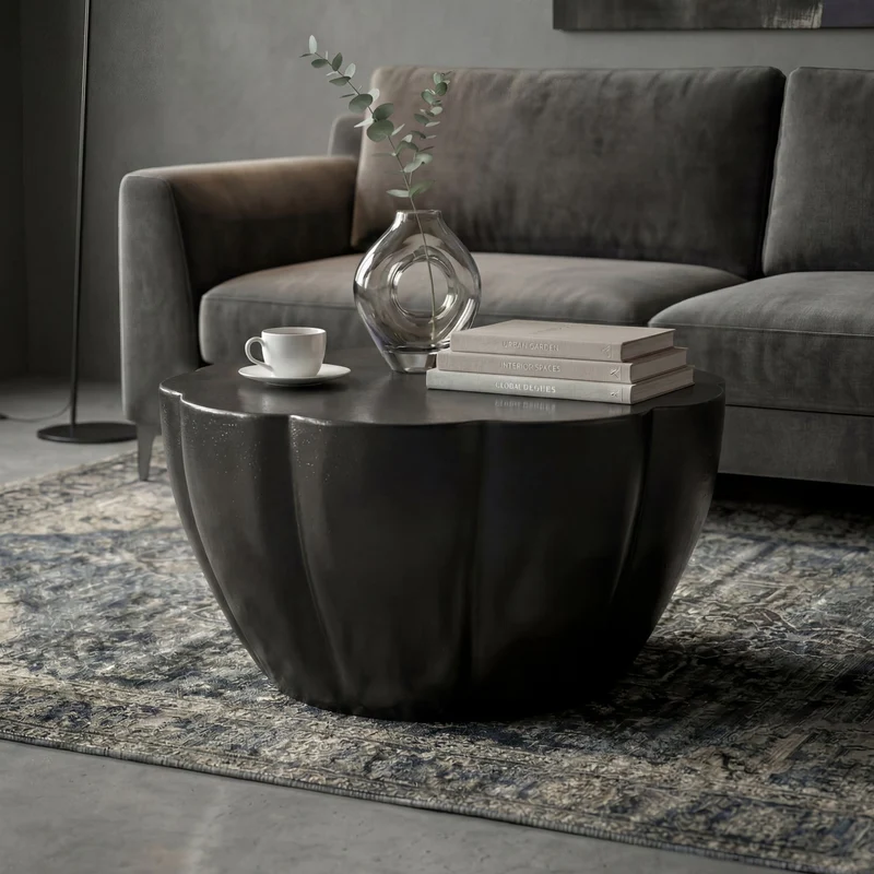 Couchtisch Blütenform Wohnling in Schwarz aus Aluminium, 60 cm rund