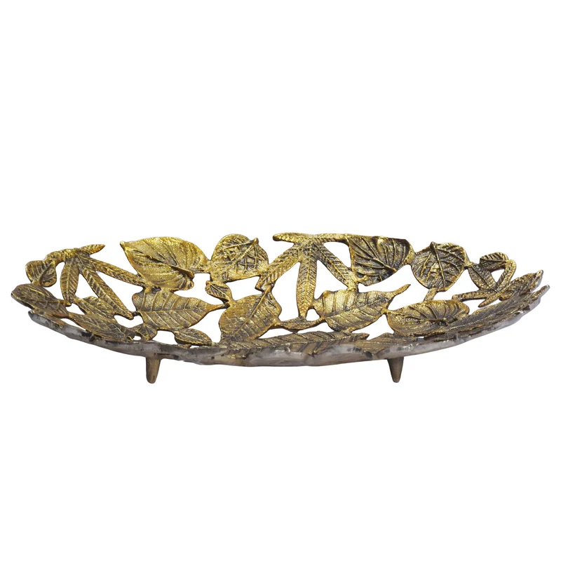 Dekoschale Oval Gold aus Aluminium im Blätter-Design 49 cm Wohnling