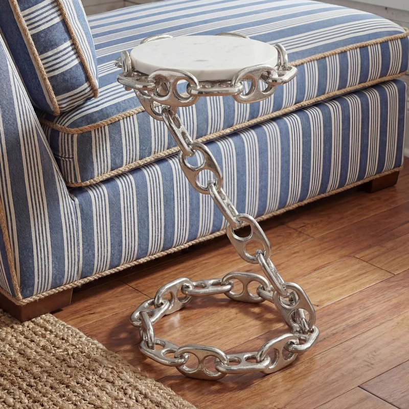 Beistelltisch Marmor mit Kettengestell in Silber, rund, 31 cm
