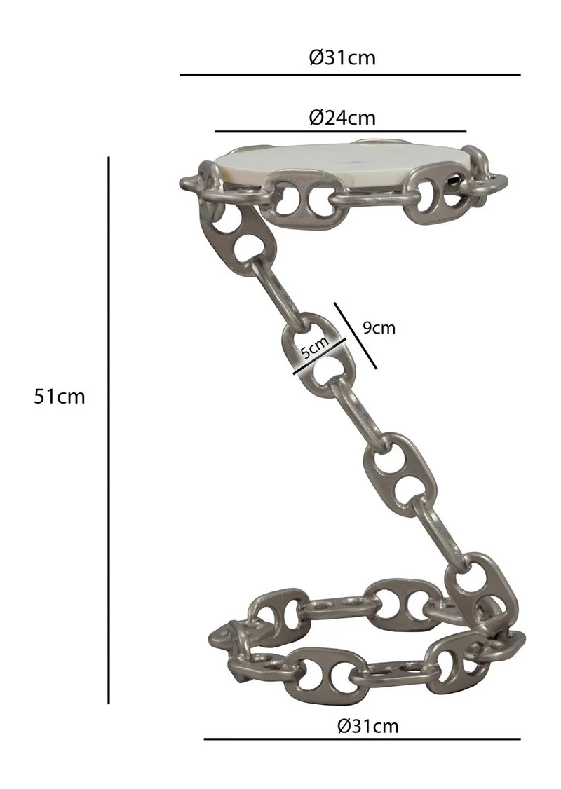 Beistelltisch Marmor mit Kettengestell in Silber, rund, 31 cm