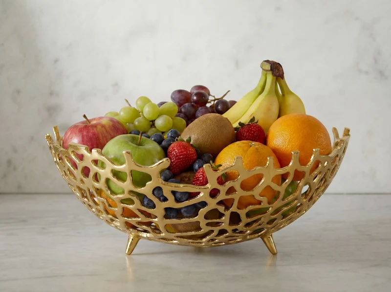 Wohnling Obstschale Gold, 46 cm – Aluminium-Obstkorb mit Korallenoptik