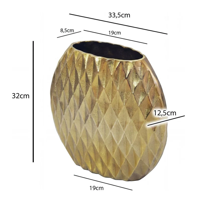 Tischvase Aluminium Gold mit Rautenmuster, Wohnling Deko-Vase 32 cm