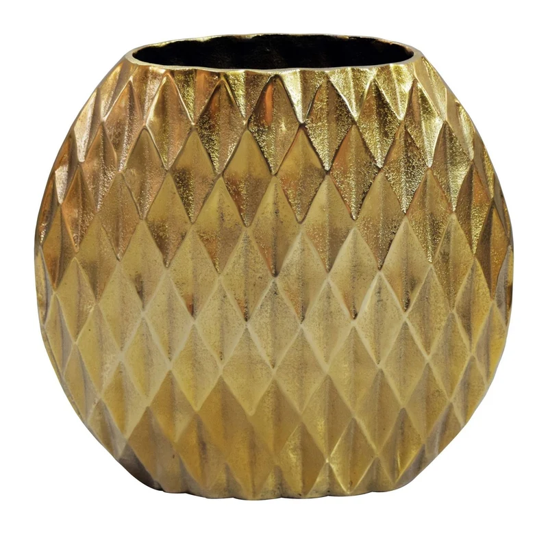 Tischvase Aluminium Gold mit Rautenmuster, Wohnling Deko-Vase 32 cm