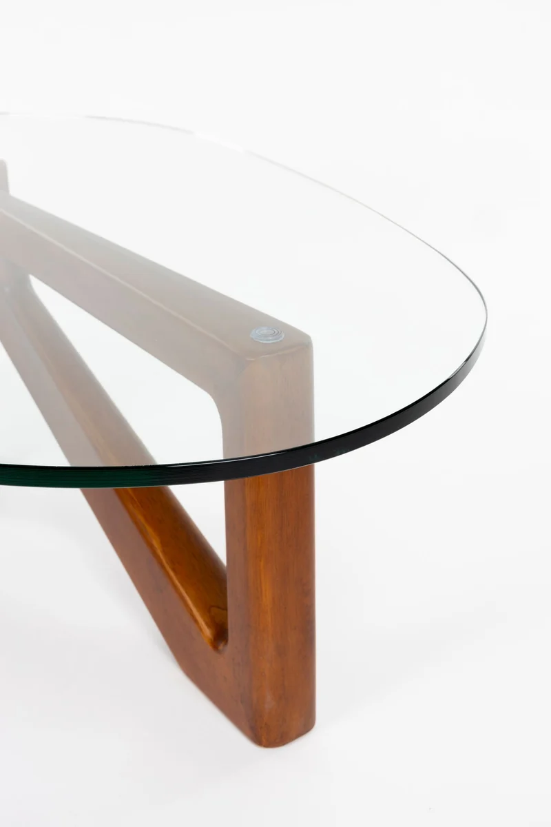 Couchtisch Norwin mit organischer Glasplatte und Holzgestell