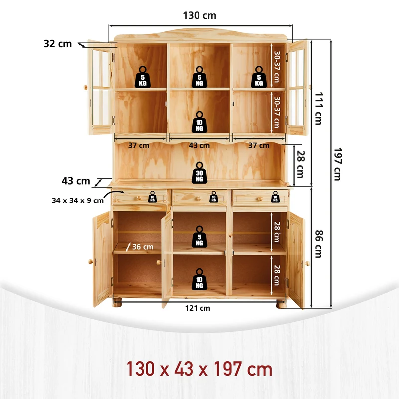 Buffet Vitrine TOSCANA Kiefer Massivholz Küchenbuffet natur lackiert