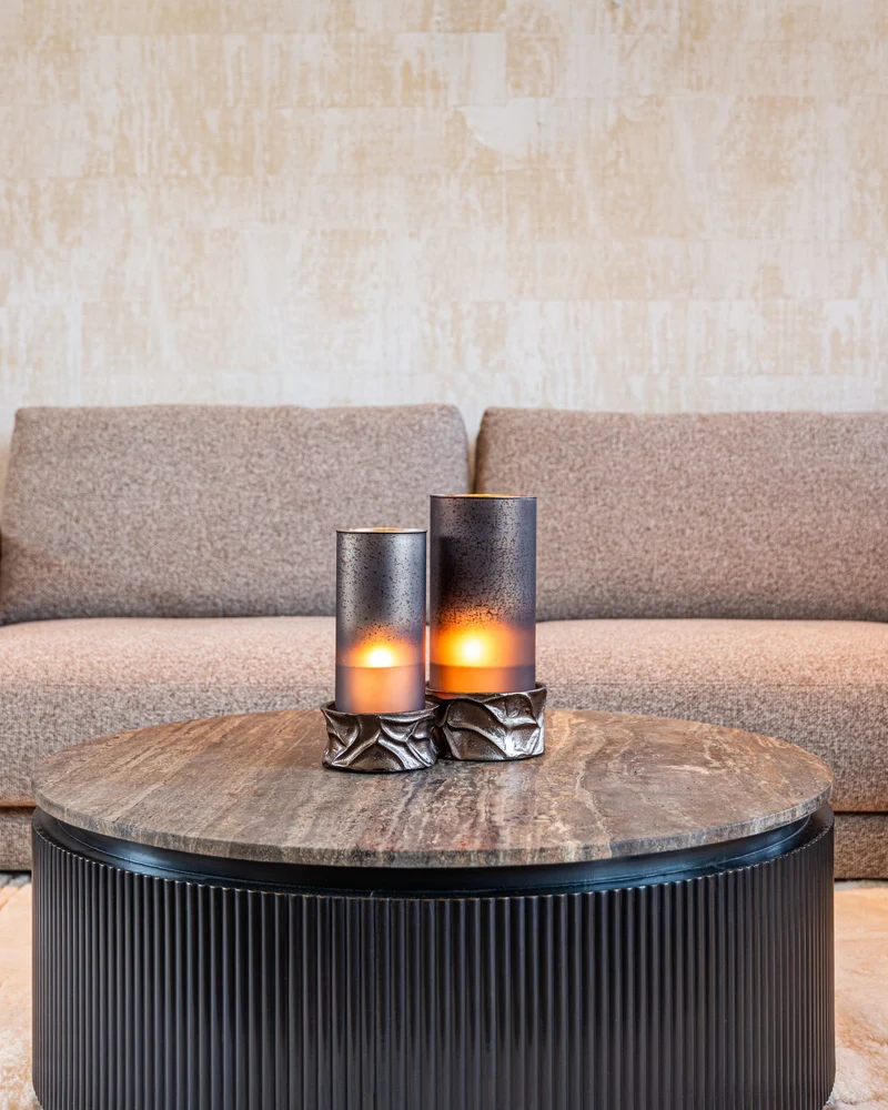 Couchtisch Russo rund, Ø90 cm, Travertin & Messing, ash brown