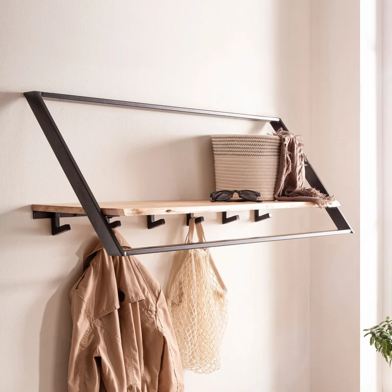 Wandgarderobe Akazie Massivholz mit Baumkante, Industrial-Look Schwarz