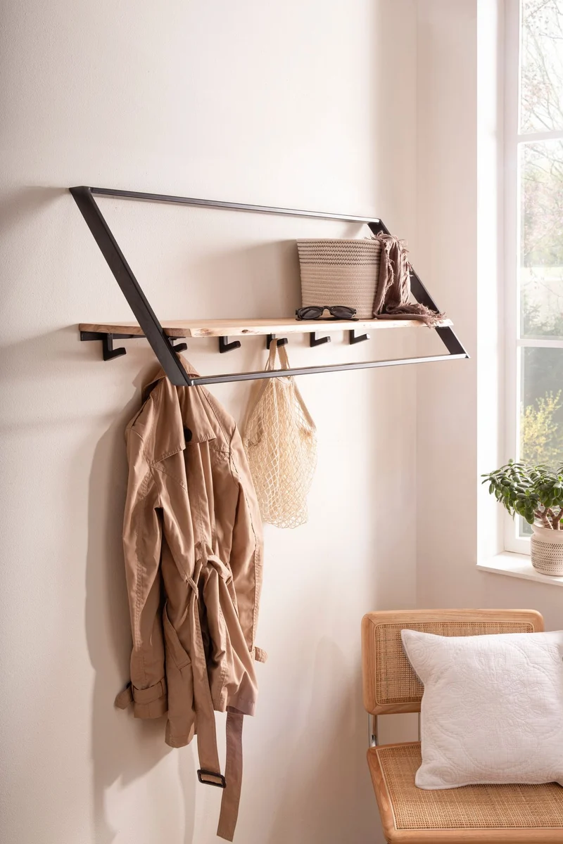 Wandgarderobe Akazie Massivholz mit Baumkante, Industrial-Look Schwarz