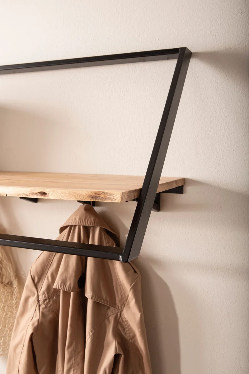 Wandgarderobe Akazie Massivholz mit Baumkante, Industrial-Look Schwarz