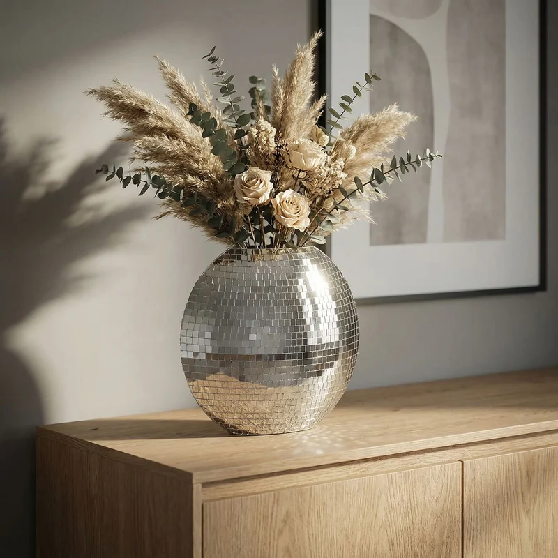Tischvase Mosaik Silber, 40 cm – Dekovase aus Metall für Wohnzimmer